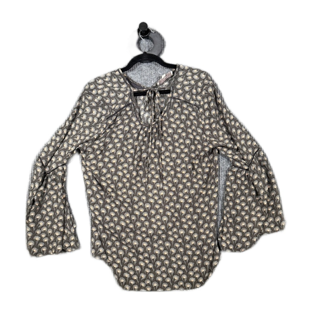 LOFT Womens Gray Peacock Feather Print Bell Sleeve Tie Neck Blouse Large